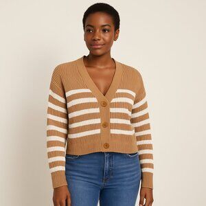 HUDSON NORTH | Tan & White Striped Linen Blend Buttonup Cardigan Sweater - Large
